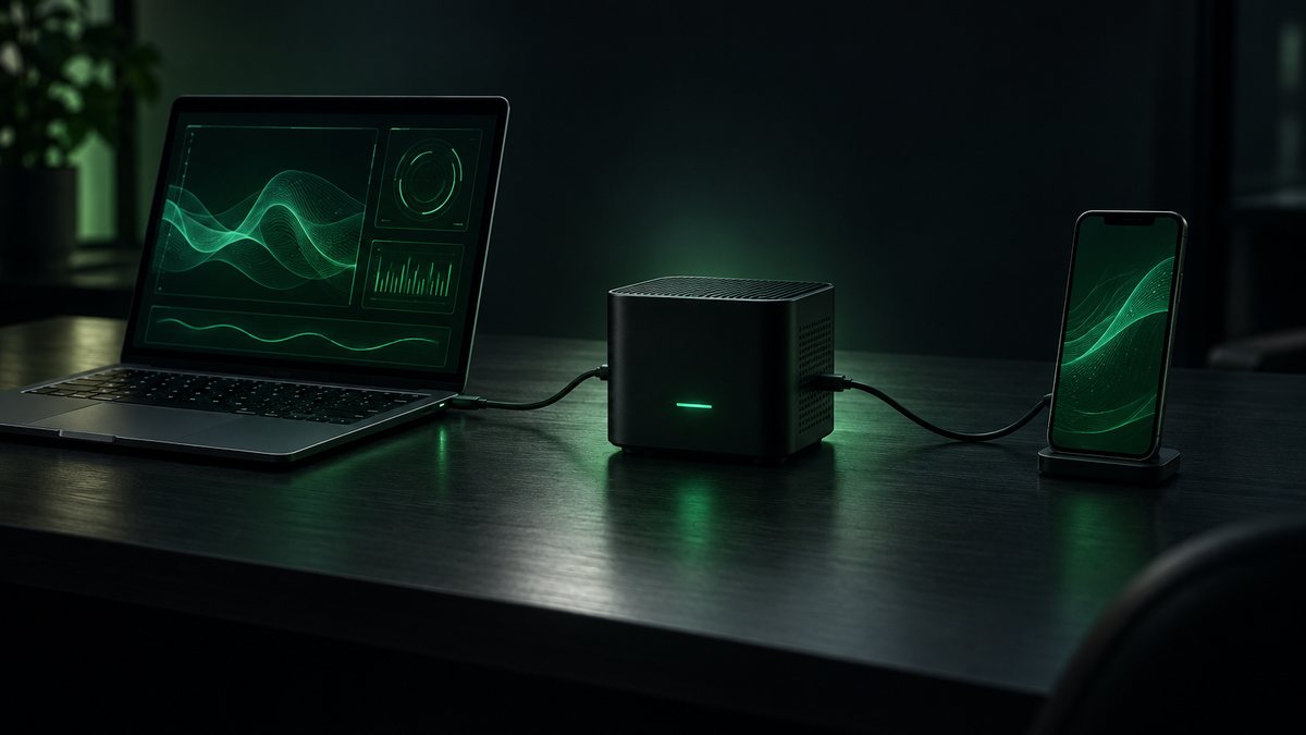 A small black server on a dark desk wired to a laptop and a phone, both screens glowing green