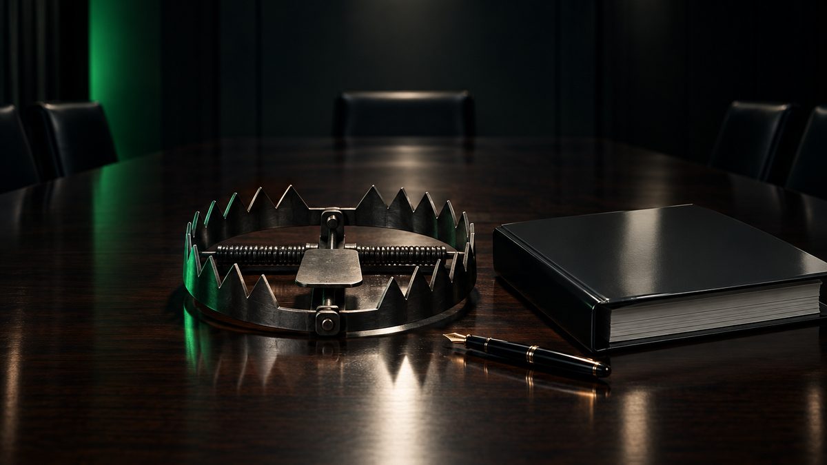 An open steel trap on a dark boardroom table beside a blank consulting binder