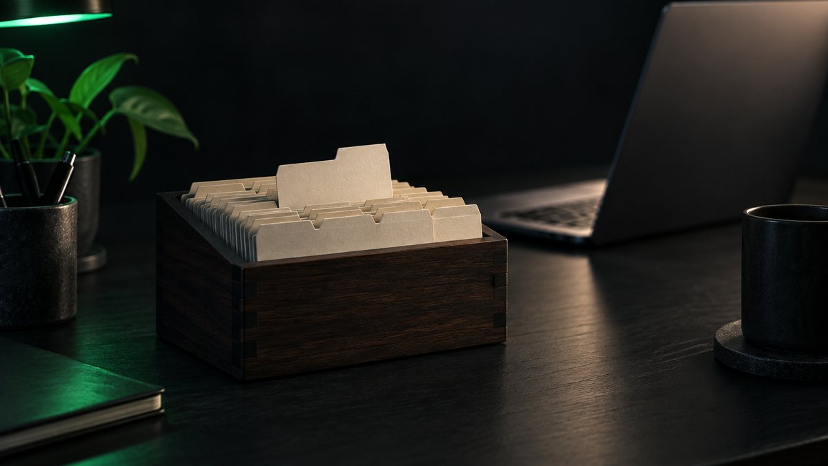 A dark wooden index-card box of blank tabbed cards on a desk, a laptop behind it