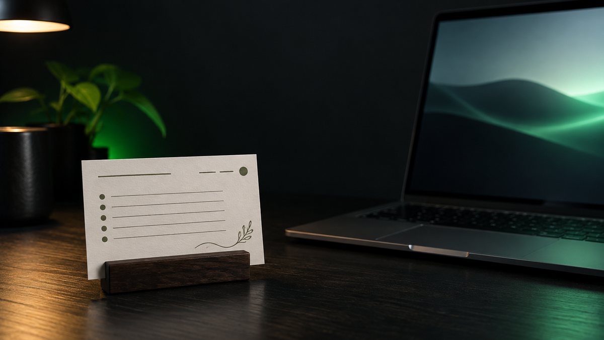 A recipe card in a small wooden holder on a dark desk beside a laptop glowing green