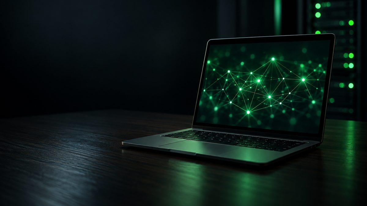 A laptop on a dark desk glowing with a green network diagram, a server rack softly lit behind it