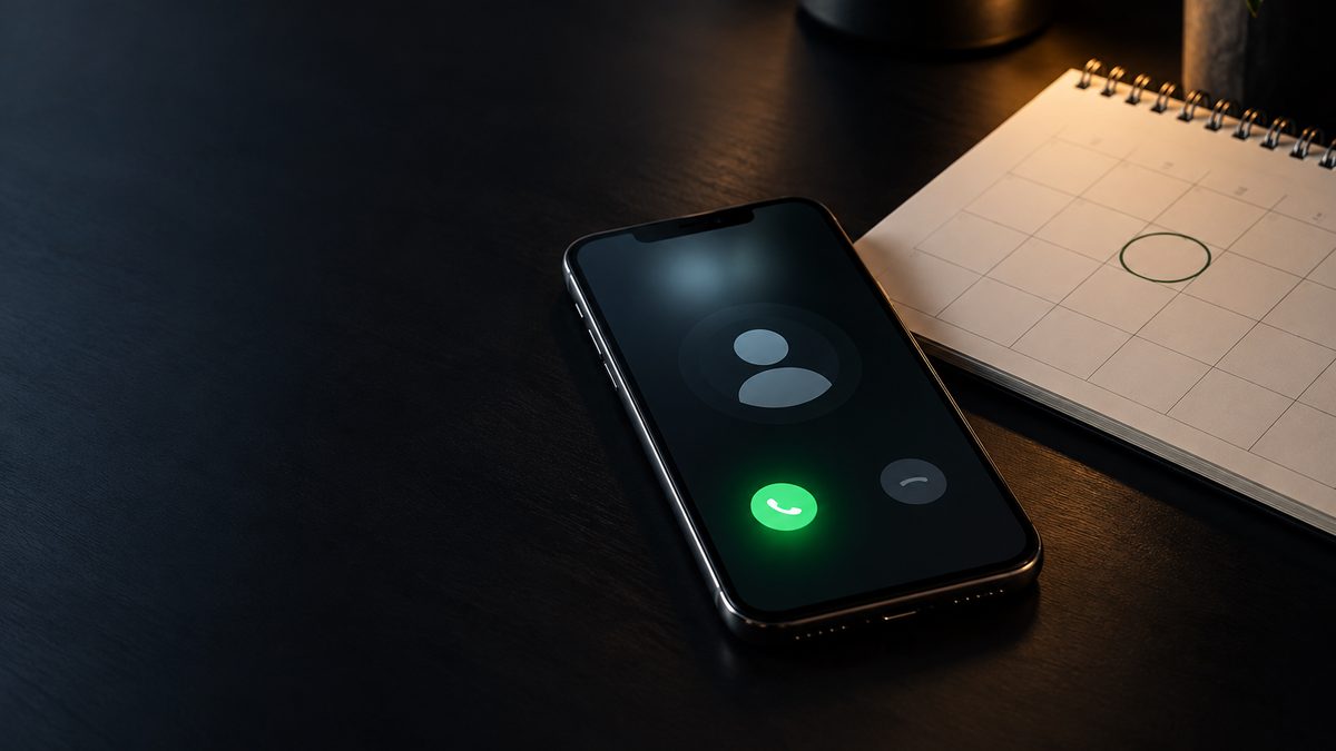 A phone on a dark desk showing an incoming call with a green answer button, beside a calendar with one day circled