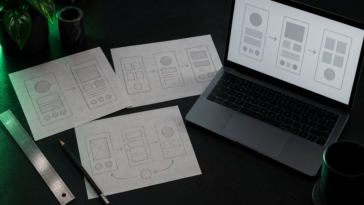 Hand-drawn app wireframes spread beside a laptop showing the same layout
