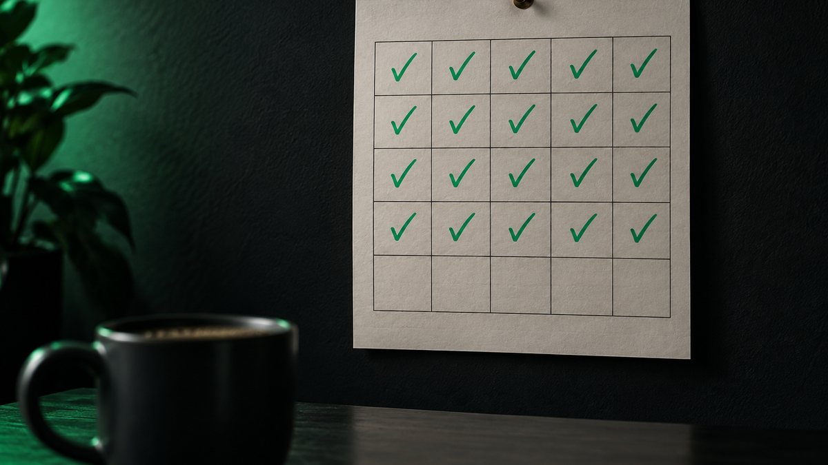 A paper calendar grid on a dark wall with the first four weeks checked off in green
