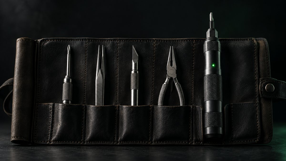 Five precision tools in a leather roll, the fifth larger with a small green light