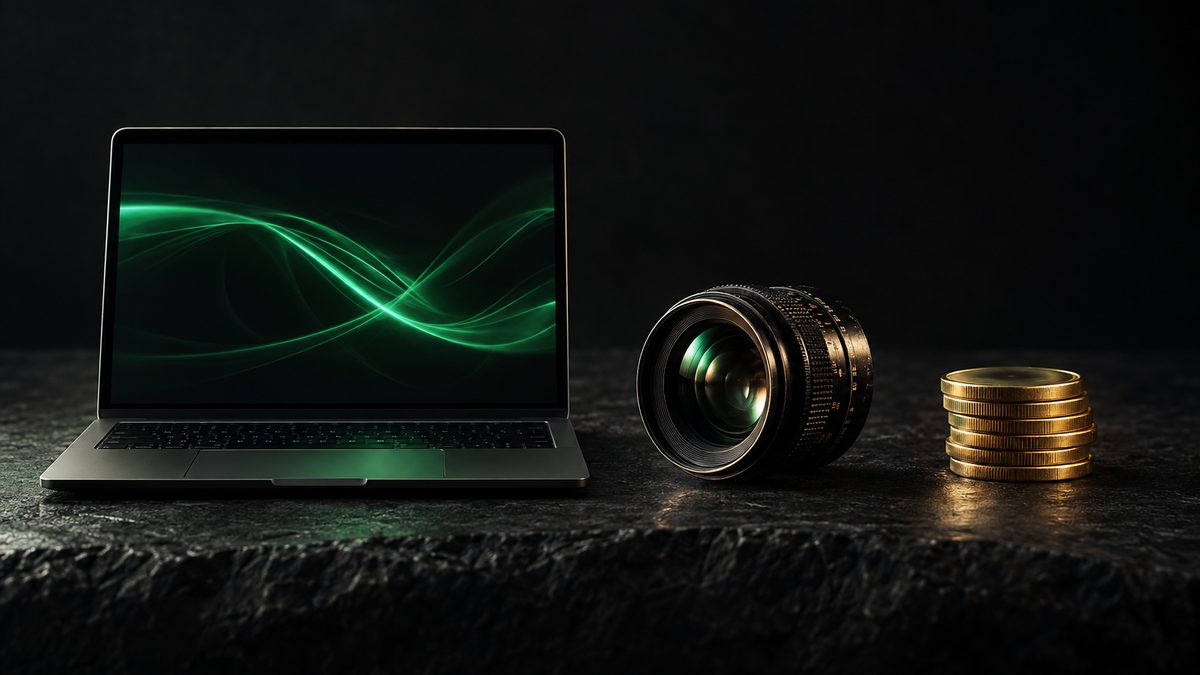 A laptop, a camera lens and a stack of gold coins in a row on dark stone: code, content and capital