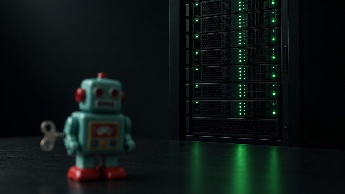A toy wind-up robot in the foreground with a real server rack glowing green behind it