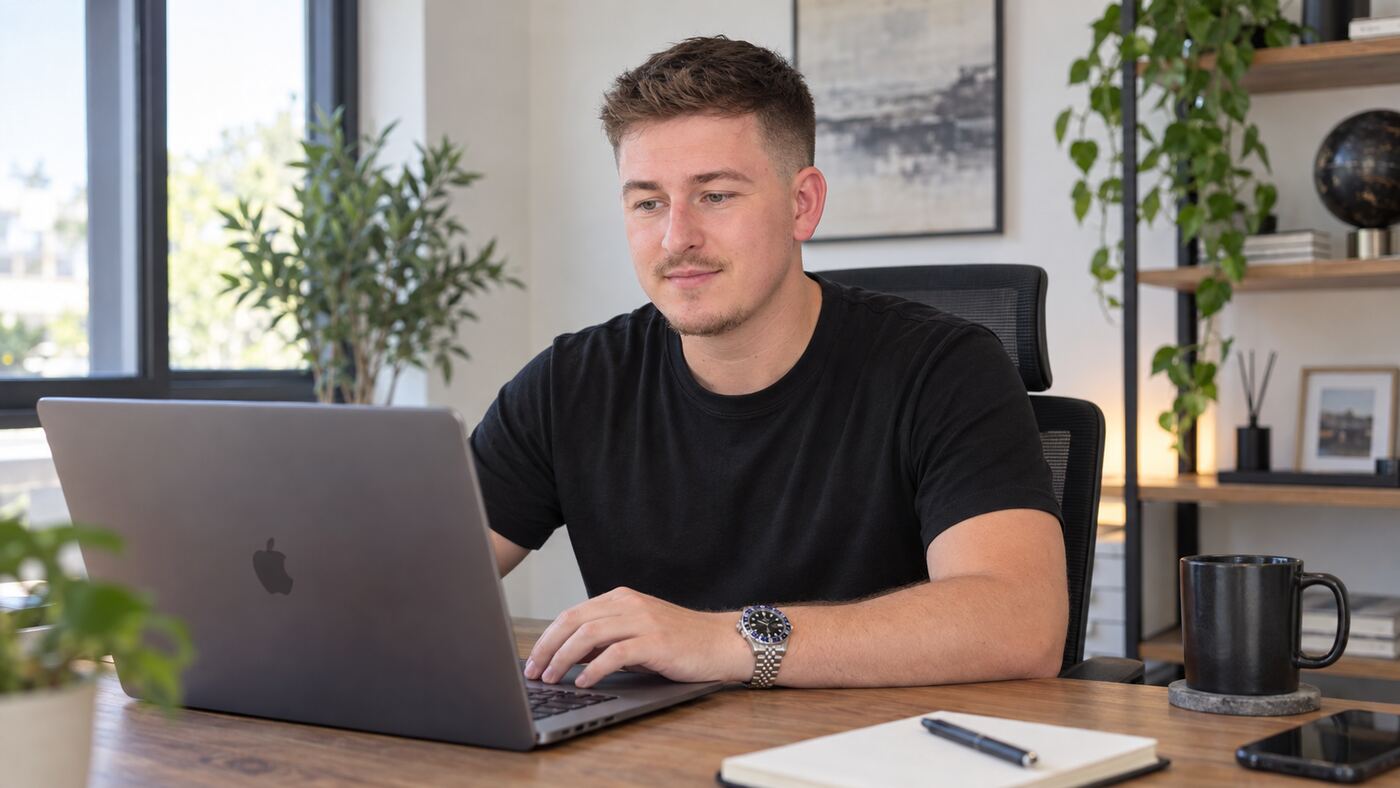 Lucas working at his laptop in soft daylight